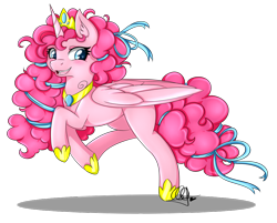 Size: 1000x802 | Tagged: safe, artist:pillonchou, character:pinkie pie, species:alicorn, species:pony, alicorn princess, alicornified, big wings, element of laughter, female, open mouth, pinkiecorn, race swap, signature, solo, xk-class end-of-the-world scenario
