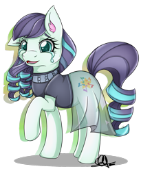 Size: 1000x1218 | Tagged: safe, artist:pillonchou, character:coloratura, episode:the mane attraction, g4, my little pony: friendship is magic, clothing, female, open mouth, raised hoof, rara, signature, solo, teary eyes, that was fast, the magic inside