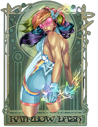 Size: 900x1168 | Tagged: safe, artist:raspbearyart, character:rainbow dash, species:human, abstract background, ass, backless, clothing, female, gloves, goggles, humanized, looking back, magic, superhero, wedgie