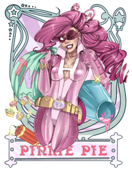Size: 800x1035 | Tagged: safe, artist:raspbearyart, character:pinkie pie, species:human, abstract background, bodysuit, cleavage, dynamite, explosives, female, humanized, mask, party cannon, solo, superhero