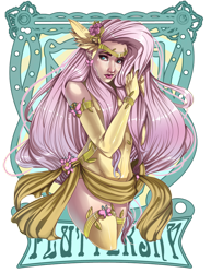 Size: 800x1035 | Tagged: safe, artist:raspbearyart, character:fluttershy, species:human, abstract background, armlet, bracelet, circlet, clothing, evening gloves, feather in hair, female, flower, flower in hair, frown, gloves, humanized, jewelry, lipstick, long gloves, looking at you, shy, socks, solo, superhero, thigh highs