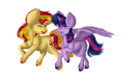 Size: 2376x1440 | Tagged: safe, artist:crazyaniknowit, character:sunset shimmer, character:twilight sparkle, character:twilight sparkle (alicorn), species:alicorn, species:pony, eyes closed, female, fluffy, galloping, mare, simple background
