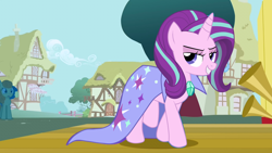 Size: 1280x720 | Tagged: safe, artist:luckyclau, character:carrot top, character:golden harvest, character:starlight glimmer, accessory swap, alternate hairstyle, alternate universe, hilarious in hindsight, stage, the great and powerful, trixie's cape