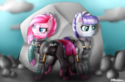 Size: 3000x1963 | Tagged: safe, artist:pillonchou, character:maud pie, character:pinkamena diane pie, character:pinkie pie, episode:the cutie re-mark, alternate timeline, apinkalypse pie, apocalypse maud, armor, clothing, crystal war timeline, duo, heart eyes, pie sisters, raised hoof, siblings, signature, sisters, wingding eyes