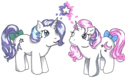 Size: 669x445 | Tagged: safe, artist:skypinpony, character:baby glory, character:baby moondancer, species:pony, ship:glorydancer, g1, baby pony, bow, female, lesbian, shipping, stars, tail bow, wink