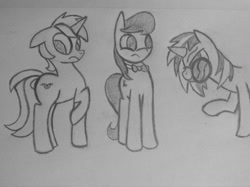 Size: 1280x956 | Tagged: safe, artist:poorlydrawnpony, character:dj pon-3, character:lyra heartstrings, character:octavia melody, character:vinyl scratch, ship:scratchtavia, bedroom eyes, female, implied bon bon, implied lesbian, implied lyrabon, implied shipping, implied snuggling, lesbian, monochrome, scratchtavialyrabon, shipping