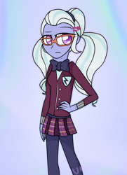 Size: 434x600 | Tagged: safe, artist:ultrard, character:sugarcoat, equestria girls:friendship games, g4, my little pony: equestria girls, my little pony:equestria girls, bow tie, clothing, colored pupils, crystal prep academy uniform, female, glasses, gradient background, looking at you, school uniform, signature, skirt, solo