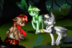 Size: 3000x2000 | Tagged: safe, artist:pillonchou, oc, oc only, oc:meadow dawn, oc:silver wing, oc:winterlight, species:pegasus, species:pony, species:unicorn, clothing, everfree forest, fanfic, interrogation, scarf, timber wolf