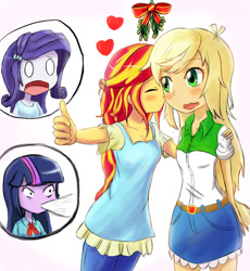 Size: 1200x1303 | Tagged: safe, artist:jumboz95, character:applejack, character:rarity, character:sunset shimmer, character:twilight sparkle, character:twilight sparkle (alicorn), species:alicorn, ship:appleshimmer, my little pony:equestria girls, blushing, clothing, denim skirt, female, implied rarijack, implied sunsetsparkle, kiss on the cheek, kissing, lesbian, mistletoe, open mouth, shipping, shipping denied, simple background, skirt, spit take, thumbs up