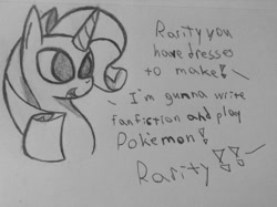 Size: 1280x956 | Tagged: safe, artist:poorlydrawnpony, character:rarity, female, me irl, offscreen character, procrastination, solo, traditional art