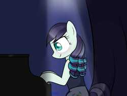 Size: 767x580 | Tagged: safe, artist:ultrard, character:coloratura, species:pony, episode:the mane attraction, g4, my little pony: friendship is magic, blushing, colored pupils, female, i am just a pony, looking down, mare, piano, rara, sitting, smiling, solo, spotlight, the magic inside