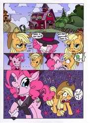Size: 1000x1377 | Tagged: safe, alternate version, artist:mohawkrex, artist:whysoseriouss, character:applejack, character:pinkie pie, species:earth pony, species:pony, comic:a piece of pie, ship:applepie, applejack the anti-shipper, clothing, comic, female, hat, kissing, lesbian, mare, shipping, shipping denied, surprise kiss, sweet apple acres, the amazing pinkie pie, top hat, tuxedo