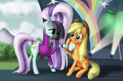 Size: 2560x1680 | Tagged: safe, artist:dcencia, character:applejack, character:coloratura, character:countess coloratura, ship:rarajack, episode:the mane attraction, g4, my little pony: friendship is magic, female, hoofsies, lesbian, shipping, stamp