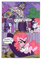 Size: 1000x1377 | Tagged: safe, artist:mohawkrex, artist:whysoseriouss, character:opalescence, character:pinkie pie, character:rarity, species:earth pony, species:pony, species:unicorn, comic:a piece of pie, carousel boutique, comic, eyepatch, female, golden pie, goldeneye, mare, sitting