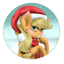 Size: 1024x1024 | Tagged: safe, artist:crazyaniknowit, character:applejack, blushing, breath, clothing, female, holly, scarf, snow, snowfall, solo