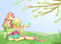 Size: 3500x2500 | Tagged: safe, artist:farcuf, character:fluttershy, species:anthro, species:unguligrade anthro, episode:friendship through the ages, g4, my little pony: equestria girls, april, braid, breasts, butterfly, cleavage, clothing, collar, female, skirt, solo, spring