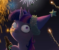Size: 640x544 | Tagged: safe, artist:dalapony, character:twilight sparkle, species:pony, alcohol, blushing, cider, clothing, derp, drinking, drunk, drunk twilight, faec, female, fireworks, food, hat, mouth hold, new year, party hat, scrunchy face, solo, wide eyes