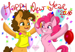 Size: 2000x1400 | Tagged: safe, artist:pillonchou, character:cheese sandwich, character:pinkie pie, 2016, balloon, belly button, confetti, happy new year, happy new year 2016, new year, simple background, transparent background