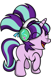 Size: 1140x1719 | Tagged: safe, artist:ideltavelocity, character:starlight glimmer, species:pony, species:unicorn, cute, eyes closed, female, filly, filly starlight glimmer, glimmerbetes, happy, headphones, open mouth, pigtails, raised hoof, raised leg, simple background, smiling, solo, transparent background, younger