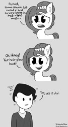 Size: 756x1400 | Tagged: safe, artist:midnight-wizard, oc, oc only, oc:brownie bun, oc:richard, species:earth pony, species:human, species:pony, blatant lies, chest fluff, comic, descriptive noise, dialogue, ear fluff, female, gray background, grayscale, hubbo, human male, lies, male, mare, meme, monochrome, richard with hair, simple background, stealing, wig