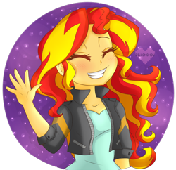Size: 1000x966 | Tagged: safe, artist:pillonchou, character:sunset shimmer, my little pony:equestria girls, abstract background, blushing, cute, eyes closed, female, shimmerbetes, smiling, solo, waving