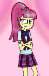 Size: 387x600 | Tagged: safe, artist:ultrard, character:sour sweet, equestria girls:friendship games, g4, my little pony: equestria girls, my little pony:equestria girls, abstract background, clothing, colored pupils, crossed arms, crystal prep academy uniform, female, pink background, school uniform, simple background, solo