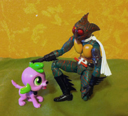 Size: 779x710 | Tagged: safe, artist:zharkaer, character:spike, species:dog, my little pony:equestria girls, doll, equestria girls minis, eqventures of the minis, figure, irl, kamen rider, kamen rider amazon, petting, photo, sh figuarts, spike the dog, toy