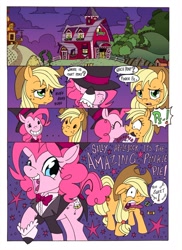 Size: 1000x1377 | Tagged: safe, artist:mohawkrex, artist:whysoseriouss, character:applejack, character:pinkie pie, species:earth pony, species:pony, comic:a piece of pie, ship:applepie, clothing, comic, female, hat, kissing, lesbian, mare, shipping, surprise kiss, sweet apple acres, the amazing pinkie pie, top hat, tuxedo