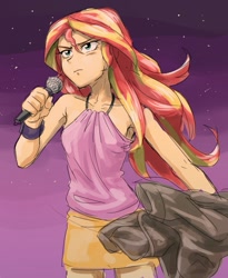 Size: 657x800 | Tagged: safe, artist:invisibleone11, character:sunset shimmer, species:human, equestria girls:rainbow rocks, g4, my little pony: equestria girls, my little pony:equestria girls, armpits, female, humanized, scene interpretation, sleeveless, solo, the coats are off, undressing, welcome to the show