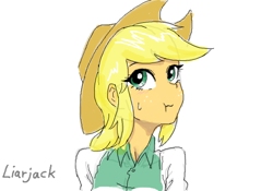 Size: 600x420 | Tagged: safe, artist:invisibleone11, character:applejack, my little pony:equestria girls, female, liar face, liarjack, scrunchy face, simple background, sketch, solo, sweat, sweatdrop, white background