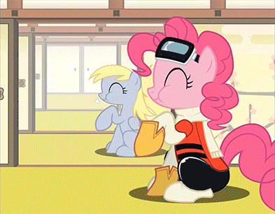 Size: 393x306 | Tagged: safe, artist:mysteryben, character:derpy hooves, character:pinkie pie, species:pegasus, species:pony, animated, apple, cupcake, cute, derpabetes, diapinkes, female, flcl, mare, muffin, parasprite, remix apple apple apple, rhythm heaven, rhythm is magic