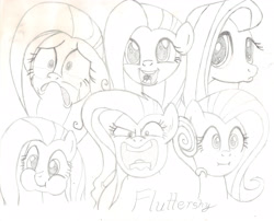 Size: 3059x2470 | Tagged: safe, artist:chronicle23, character:fluttershy, angry, crying, expressions, female, flutterrage, monochrome, pencil drawing, pouting, puffy cheeks, smiling, solo, traditional art, we bought two cakes