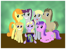 Size: 1024x761 | Tagged: safe, artist:allonsbro, character:amethyst star, character:carrot top, character:derpy hooves, character:dinky hooves, character:doctor whooves, character:golden harvest, character:noi, character:sparkler, character:time turner, character:written script, species:pegasus, species:pony, ship:goldenscript, equestria's best daughter, equestria's best family, equestria's best father, equestria's other best daughter, family, female, forsythia, headcanon, male, mare, photo, shipping, story included, straight
