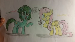 Size: 1024x576 | Tagged: safe, artist:deon miller, character:fluttershy, oc, oc:vanna melon, species:pony, quote, wink