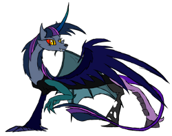 Size: 2232x1776 | Tagged: safe, artist:rexlupin, character:twilight sparkle, species:changeling, species:chimera, species:draconequus, species:dragon, species:griffon, bat wings, cheek fluff, colored sclera, curved horn, draconequified, fangs, female, fluffy, horn, hybrid, leonine tail, lidded eyes, looking back, raised hoof, red sclera, sassy, shaggy, simple background, smiling, smirk, solo, species swap, transparent background, twikonequus, unshorn fetlocks, wing fluff, wings