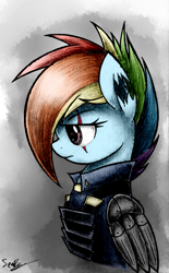 Size: 1885x3050 | Tagged: safe, artist:sheandog, character:rainbow dash, species:pegasus, species:pony, episode:the cutie re-mark, alternate timeline, amputee, apocalypse dash, augmented, clothing, crystal war timeline, eye scar, female, mare, prosthetic limb, prosthetic wing, prosthetics, scar, simple background, solo, torn ear, uniform