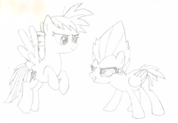 Size: 3205x2220 | Tagged: safe, artist:chronicle23, character:lightning dust, character:rainbow dash, alternate hairstyle, dragon ball z, goku, monochrome, scouter, vegeta