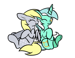 Size: 900x700 | Tagged: safe, artist:selective-yellow, character:derpy hooves, character:lyra heartstrings, species:pegasus, species:pony, species:unicorn, ship:lyraderp, blushing, boop, cute, cutie mark, duo, eyes closed, female, lesbian, mare, nuzzling, one eye closed, raised hoof, shipping, simple background, sitting, smiling, spread wings, transparent background, underhoof, vector, wings, wink