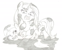 Size: 2102x1688 | Tagged: safe, artist:chronicle23, character:rarity, character:trixie, species:pony, species:unicorn, female, mare, messy mane, monochrome, mud, mud wrestling, squished