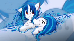 Size: 1920x1080 | Tagged: safe, artist:shelmo69, artist:sorenbrian, artist:thegraid, character:dj pon-3, character:vinyl scratch, species:pony, species:unicorn, chest fluff, cutie mark, double, female, loose hair, mare, red eyes, solo, vector, wallpaper, wrong eye color
