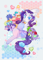 Size: 600x839 | Tagged: safe, artist:lemonade-in-pandora, artist:lemonheart, character:applejack, character:fluttershy, character:pinkie pie, character:rainbow dash, character:rarity, character:spike, character:starlight glimmer, character:sunset shimmer, character:twilight sparkle, species:anthro, species:pony, species:unguligrade anthro, alternate mane seven, armpits, clothing, dress, eating, gem, jewelry, jewels, looking at you, mane nine, mane seven, mane six, necklace, open mouth, stockings