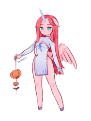 Size: 600x800 | Tagged: safe, artist:lemonheart, oc, oc only, oc:cherry, species:anthro, species:bat, species:pegasus, species:pony, species:unguligrade anthro, blushing, boob window, butt wings, clothing, costume, dress, floppy ears, looking at you, side slit, simple background, solo, spread wings, transparent background, waist wings, wings