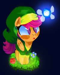 Size: 2400x3000 | Tagged: safe, artist:talonsofwater, character:scootaloo, species:pegasus, species:pony, black background, crossover, fairy, female, flower, link, navi, simple background, solo, the legend of zelda