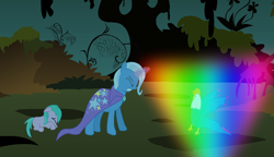 Size: 1226x706 | Tagged: safe, artist:zharkaer, character:aura, character:fluttershy, character:trixie, species:cockatrice, species:pony, species:unicorn, color spray, cowering, crying, dungeons and dragons, everfree forest, female, magic, mare, protecting