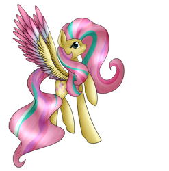 Size: 3301x3336 | Tagged: safe, artist:midfire, character:fluttershy, colored wings, female, rainbow power, raised hoof, simple background, solo, spread wings, transparent background, wings