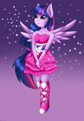 Size: 3000x4308 | Tagged: safe, artist:midfire, character:twilight sparkle, my little pony:equestria girls, boots, clothing, dress, fall formal outfits, female, high heel boots, ponied up, ponytail, skirt, solo, sparkles, twilight ball dress, wings