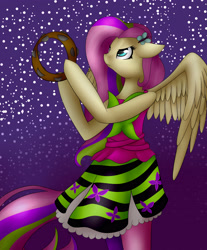 Size: 2731x3300 | Tagged: safe, artist:midfire, character:fluttershy, species:anthro, equestria girls:rainbow rocks, g4, my little pony: equestria girls, my little pony:equestria girls, clothing, female, looking up, musical instrument, pantyhose, rainbow rocks outfit, skirt, solo, spread wings, standing, tambourine, wings