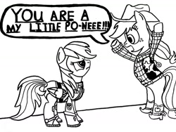 Size: 2137x1611 | Tagged: safe, artist:samueleallen, character:applejack, character:rainbow dash, buzz lightyear, clothing, cosplay, costume, crossover, monochrome, toy story, woody, you are a toy