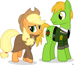 Size: 8000x7032 | Tagged: safe, artist:starlessnight22, character:applejack, oc, oc:applesnack, species:earth pony, species:pony, fallout equestria, absurd resolution, clothing, fallout, fanfic, fanfic art, female, hat, hooves, male, mare, ministry mares, simple background, solo, stallion, transparent background