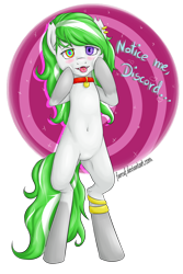 Size: 2000x3000 | Tagged: safe, artist:farcuf, oc, oc only, oc:lea, species:earth pony, species:pony, bell, belly button, blushing, bracelet, collar, earring, eyelashes, fangs, heterochromia, hypnosis, medallion, notice me senpai, piercing, simple background, standing, swirly eyes, teeth, tongue out, tongue piercing, two colour hair, yandere, yandere trance